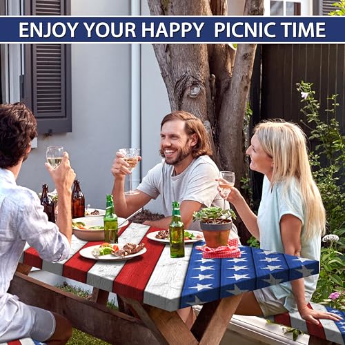 Picnic Table Cover with Bench Covers American Flag Camping Essentials Waterproof Tablecloth Wood Texture Outdoor Picnic Fitted Tablecloth with Elastic Rectangle 6 ft Table Cover (3pcs-72" x 30") by Butaluk - Used condition - Image 6