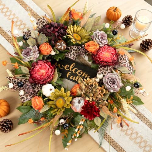 Image of Fall Wreaths for Front Door 24 Inch Artificial Autumn Wreath Rustic Decor