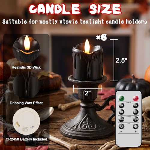 Image of Black Flameless Votive Candles Battery Operated with Remote Timer | 400 Hours Long Lasting Battery Included, LED Tealights Flickering Dripping Wax, Halloween Indoor Decor, 2 inchD x 2.5 inchH, 6 Pack