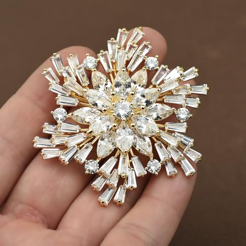 Image of Women's Cubic Zircon Snowflake Brooch Pins Elegant Clear Crystal Ice Flower Lapel Pin Breastpin