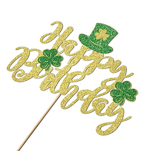 Artczlay Lucky Clover Happy Birthday Cake Topper, St. Patrick's Day Themed Party Clover Four-Leaf Clover Cake Decoration Supplies #TOP2