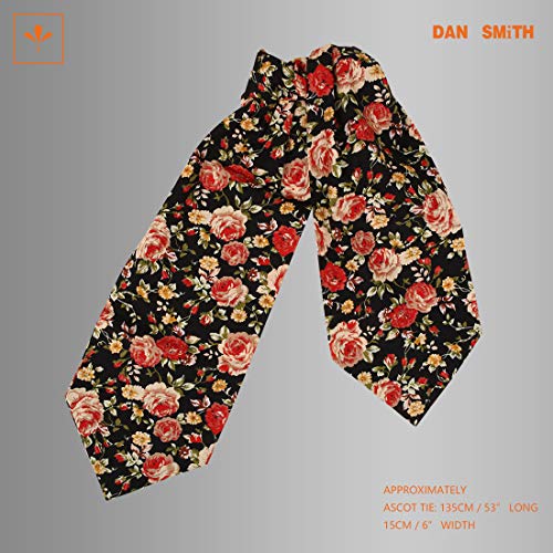 Dan Smith C.C.AQ.I.041 Black Red Green Rosy Brown Extra Long Ascot Tie Floral Cotton Formal Cravats for Men's Suit - Thumbnail 4