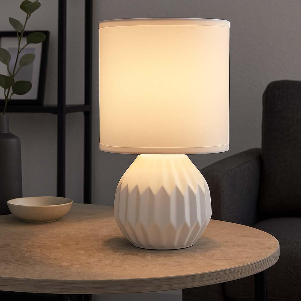 Tischlampe weiß Keramik Nachttischlampe Tischleuchte Beistelllampe Wohnzimmerlampe Textil, 1x E14, DxH 12 x 23 cm, 2er Set