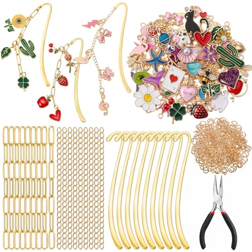 Tudomro 250 Pcs Metal Bookmarks Making Kit DIY Metal Bar Bookmark Kit DIY Craft Supplies with Charms Jump Rings Chains and Tools Jewelry Making for Custom Bookmark Crafts (Cute)