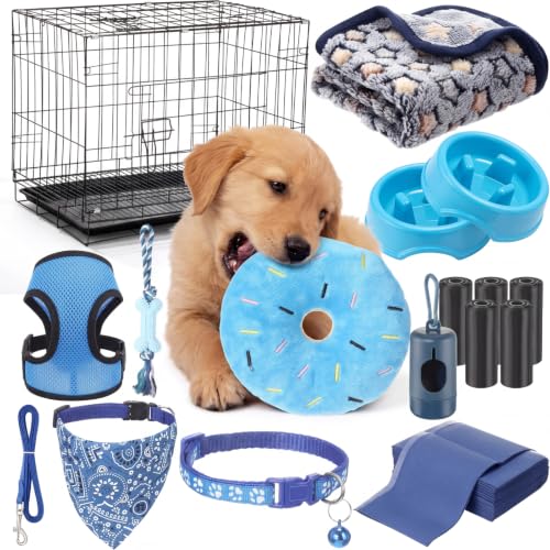 SmoothNovelty 35 Pcs Puppy Supplies Starter Kit for Small Dogs Essentials Gift with Dog Cage Harness Leash Slow Feed Bowls Chew Toys Training Kit for New Puppy Owners First Time Dog Parents