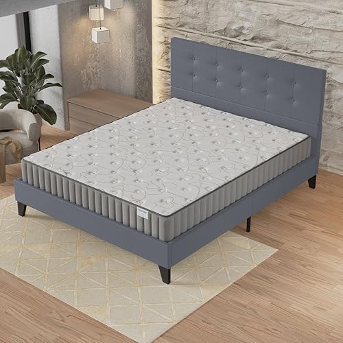 NOVEMBER- Ensemble Matelas + Sommier & tête de lit capitonnée (140 x 190cm)- Matelas Orionis Mousse Mémoire de Forme d’épaisseur 16cm + Lit Stable & Robuste,...