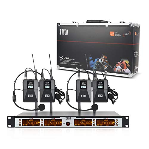 XTUGA SKM4000PLUS 4 x100 Channel UHF Wireless Bodypack Microphone System with Selectable Frequencies Prevent Interference, Use for Family Party, Church, Small Karaoke Night (Range:200-320Ft)