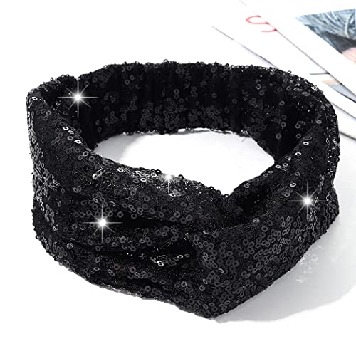 Cakure Sequins Headbands Criss Cross Hairbands Stretchy Head Bands Wide Turban African Head Wrap Breathable Fabric Head Bands Workout Hair Band Hair Accessories For Women And Girls Pack Of 1 (Black) #TOP9
