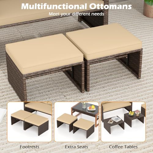 Tangkula Outdoor Loveseat with 2 Ottomans, 3 Pieces Patio PE Wicker Furniture Set with Cushions, Outside Rattan Conversation Set for Balcony, Garden and Backyard (Brown) — view 6