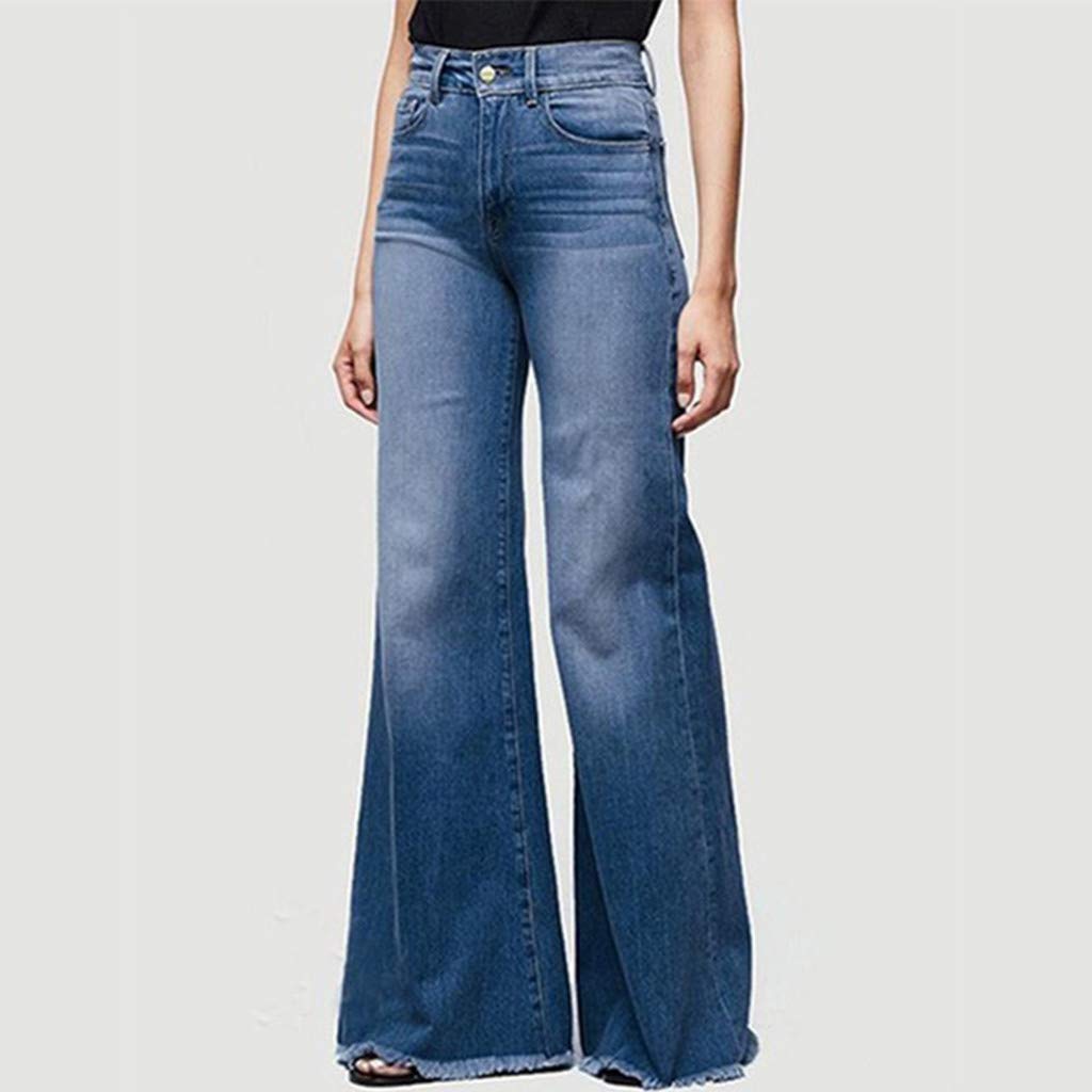 Pantaloni a zampa da donna, a gamba larga, in denim, da donna, a vita alta, con chiusura a strappo, stile casual, largo, in denim