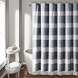 Lush Decor Tucker Stripe Yarn Dyed Cotton Knotted Tassel Shower Curtain, 72' x 72', Navy