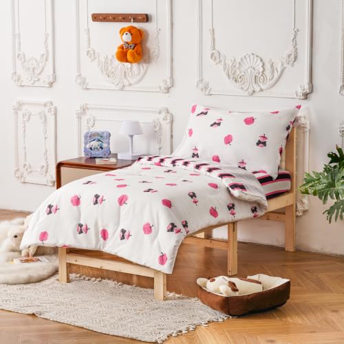 Image of KAREVER Stripes Toddler Bedding Set Pink Apple Print 4 Pieces Crib Bed Set Kids White Pink Striped Comforter Set