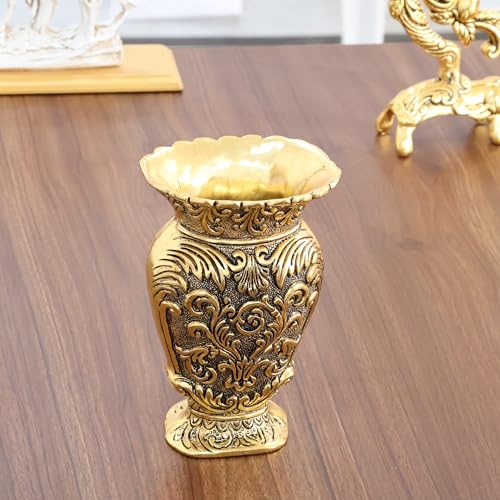 Image of Kridaykraft Decorative Metal Vase, Antique Gold Finish, Baroque Floral Pattern, Traditional Ornate Design