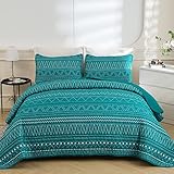 WONGS BEDDING Teal Boho Quilt Set King Size,3 Pieces Reversible Stripe Quilt with 2 Pillowcases,Turquoise Bohemian Bedspread Bedding Set Microfiber Quilted Coverlet Set for All Seasons (90'×104')