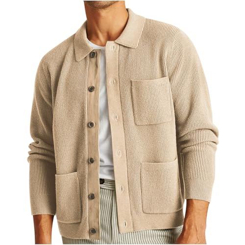 Cambkatl Men's Lapel Collar Cardigan Sweaters, Button Down Casual Long Sleeve Knitted Cute Outerwear Tops with Pockets
