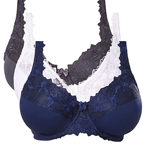Curve Muse Plus Size Minimizer Underwire Unlined Bra with Embroidery Lace-3Pack-NAVY, White, Gray -34D