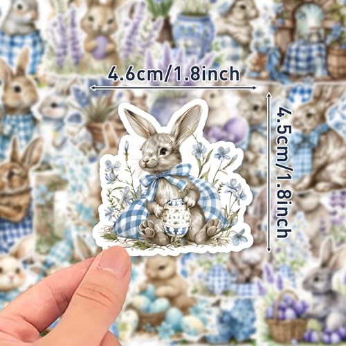 Image of 100 Pcs Easter Bunny Stickers - Watercolor Rabbit & Blue Gingham Pattern, 100 Piece Set for Easter Basket Stuffers, Party Favors, Crafts & Spring Decorations