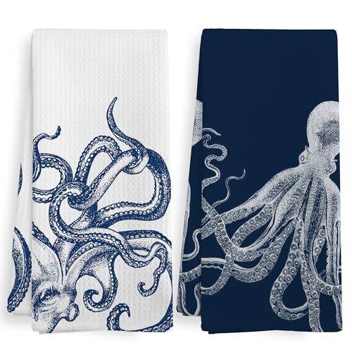 XNXLDYLH Coastal Octopus Beach Decor Dish Hand Tea Towels for Bathroom Kitchen Octopus Ocean Nautical Beachy Bathroom Decor Coastal Nautical Kitchen Towels and Dishcloths Sets of 2 16x24 Inches