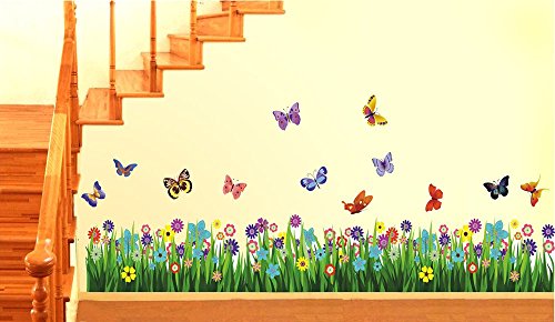 Image of Rangoli 'Walking in The Garden Flower' Wall Sticker | New Modern Art Butterflies Flying Over Grass | Large Reusable Self-Adhesive Sticker (PVC Vinyl, 70 cm x 50 cm), Multicolour