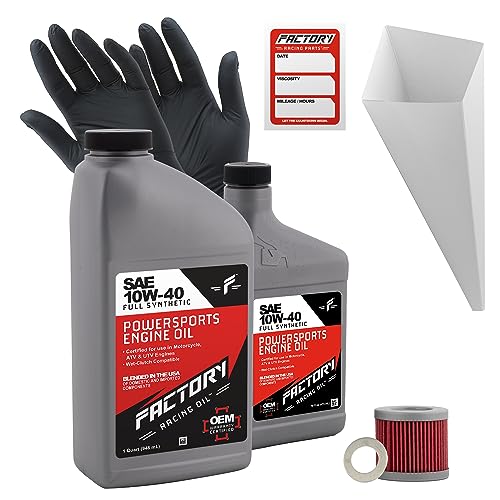 Factory Racing Parts Oil Change Kit compatible with Suzuki GN125 ALT125 LT125 LT185 –Includes 1.5 Quarts of 10W-40 Full Synthetic Oil, 1 Filter, 1 Crush Washer, 1 Funnel, 1 Oil Change Reminder Sticker