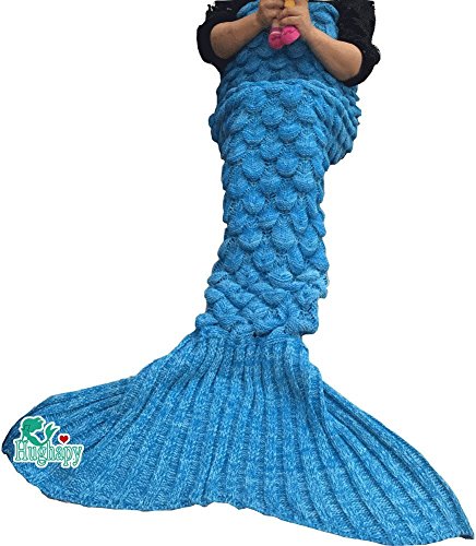Hughapy Knitted Mermaid Tail Blanket for Adults and Teens, Kids Crochet Snuggle Mermaid, All Seasons Scales Pattern Sleeping Bag Blanket (Adult,Light Blue)