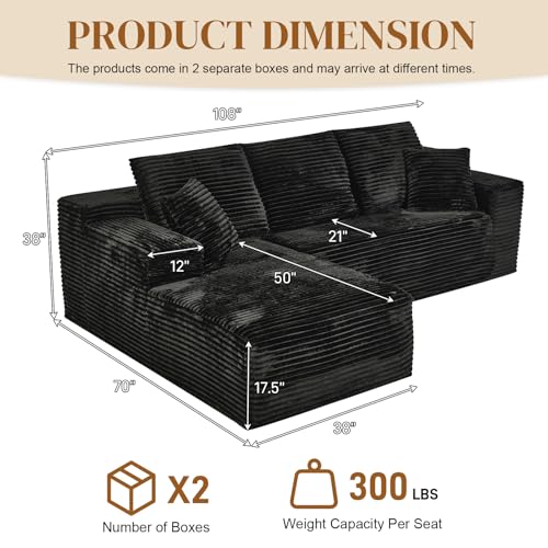 Image of 108 inch L Shaped Boneless Sectional Couches for Living Room, Wide Armrest, Deep Seat, Memory Foam, Assembly Free, Modern Comfy Corduroy Fluffy Cloud Sofa with Left Chaise, Black