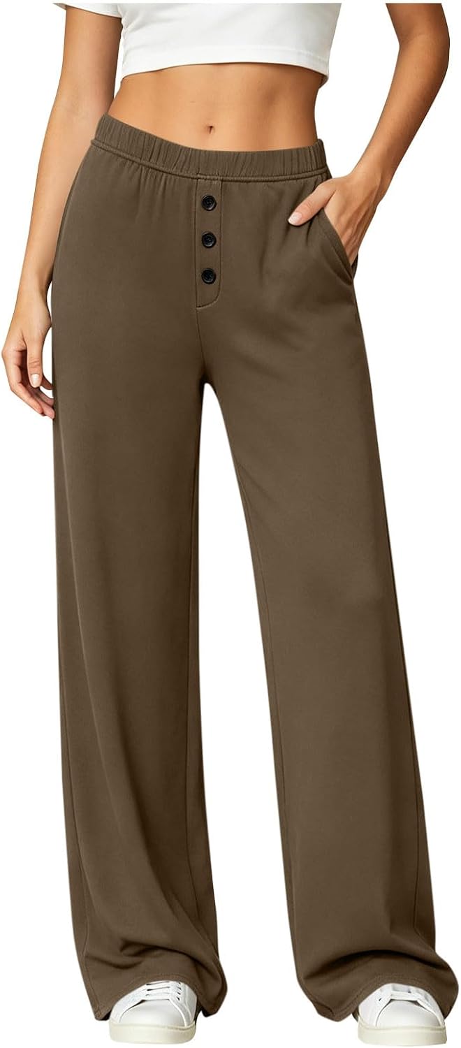 Button Front Wide Leg Sweatpants for Women Elastic Waist Casual Loose Straight Pant Soft Everyday Trousers Pockets