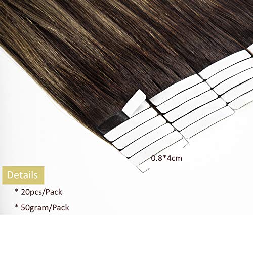 Loxxy Tape In Hair Extensions Human Hair Invisible 100% Remy Brazilian Hair Extensions Tape In Balayage #2-6 Darkest Brown Mixed With Medium Brown Natural Straight Thick Hair 14Inch 50Gram #TOP5