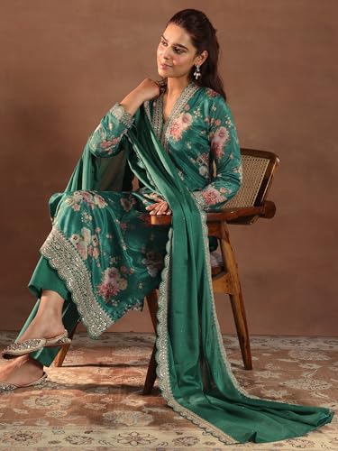Image of Libas Womens Printed Silk Blend Straight Kurta With Palazzos and Dupatta | daily wear suit