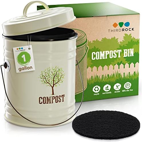Third Rock Compost Bin Kitchen – 1.0 Gallon Countertop Compost Bin with Lid – Kitchen Compost Bin Countertop – Indoor Compost Bin Kitchen Counter Includes Inner Compost Bucket Liner - Indoor Composter