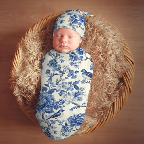 Image of Chinoiserie Blue Floral Birds Swaddle Blanket with Beanie Hat Set Newborn Swaddle Wrap Soft Baby Receiving Blankets Baby Swaddle Blanket for Baby Boys and Girls