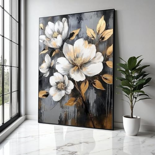 Art mural floral magnolia blanc et feuille d'or, toile botanique haut de gamme pour salon chic