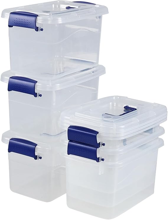 6 Packs 5L Plastic Storage Box, Small Storage Organizer Bin, Clear | Stackable Storage Boxes with Lid, Space-Saving for Pantry, Closet, Bathroom, Office