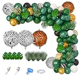 Amandir 152Pcs Jungle Safari Balloon Garland Arch Kit, Gold Dark Green Animal Balloons Artificial Tropical Palm Leaves Decorations Boy Girl Wild One Birthday Party Supplies