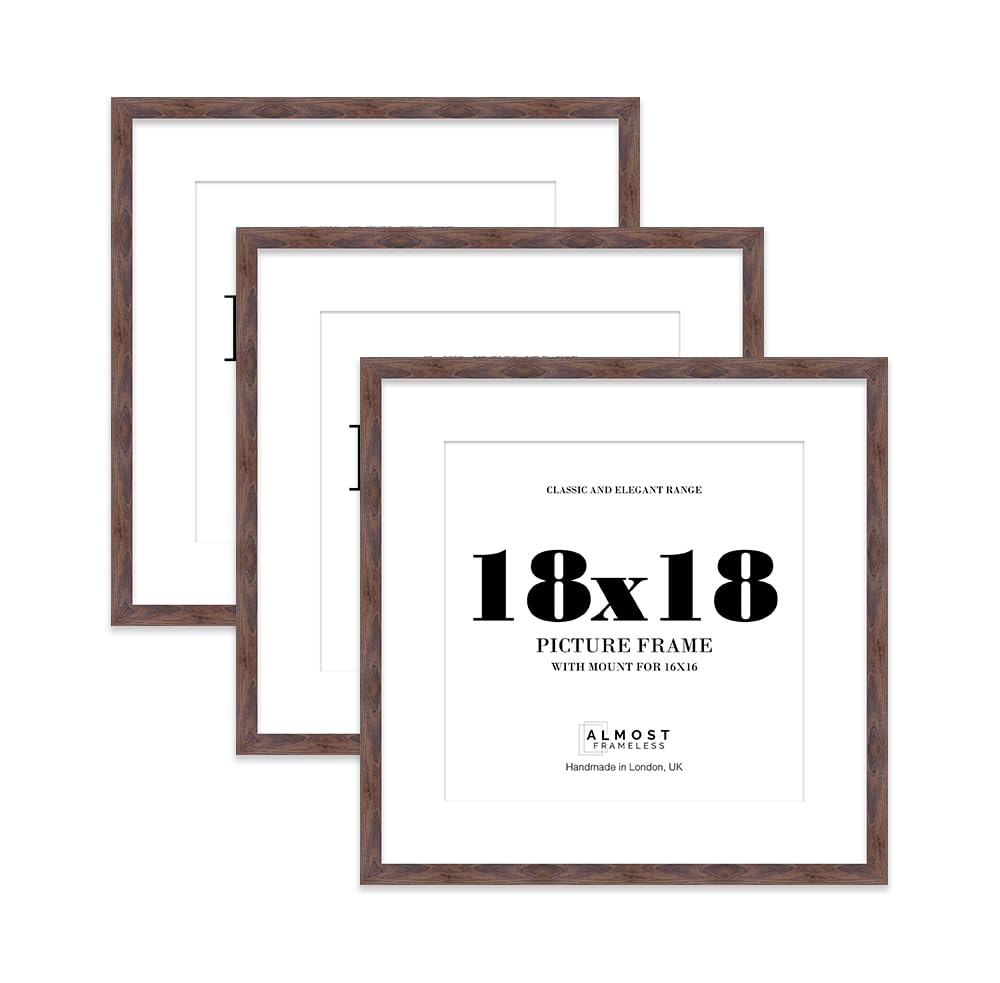 18x18 Walnut Picture Frame with Mount for 16x16 Photos, Prints - Modern Square Wall Frame, Set of 3