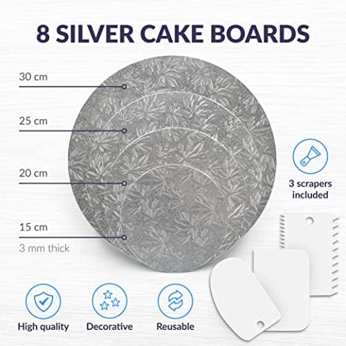 volila Cake Board Circular Silver Cake Boards for Cake Base (8 Pack), Birthdays, Weddings and Parties reusable Cake Drums in Silver Hard Card with 3 Cake Icing Scrapers (2 x 6, 8, 10, 12)