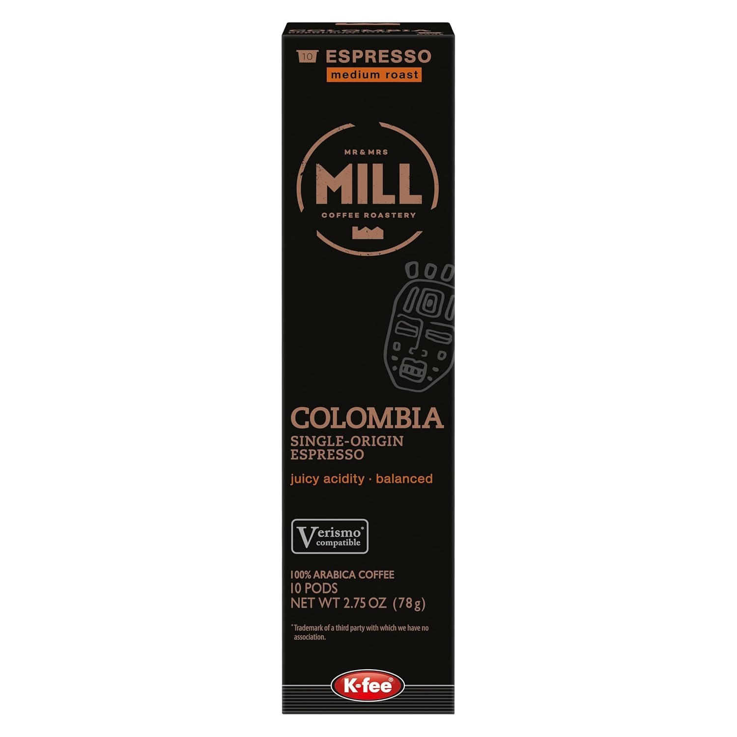Mill Coffee Colombia Espresso K-fee® compatible with Starbucks Verismo* | 60 Count (6 boxes X 10 Pods) | Medium Roast Single Serve Espresso Pods (60)