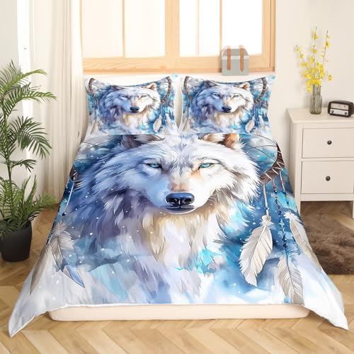 Wolf Kids Duvet Cover King Size,Dream Catcher Exotic Boho Bedding Set for Adults Kids Bedroom Decor,Tie-dye Graffiti Wild Animals Rustic Farmhouse Comforter Cover 2 Pillowcases,No Comforter - Image 3