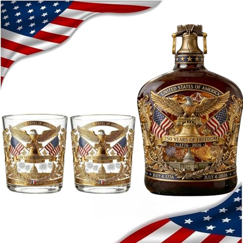 250th Anniversary Whiskey Bottle U.S. 250th Anniversary Heritage Whiskey Bottle & Glass Set We The People 250 Anniversarys Decanter for Scotch Bourbon or Wine Ideal for Fathers Day (Style B)