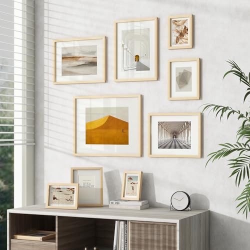 Image of 8x10 Picture Frame Set of 3, USA-Sourced Natural Maple Wood Photo Collage Frame with HD Tempered Glass, Modern Simple 8 x 10 Wooden Frame Matted to 5x7, Gallery Frames for Art Wall or Tabletop Display