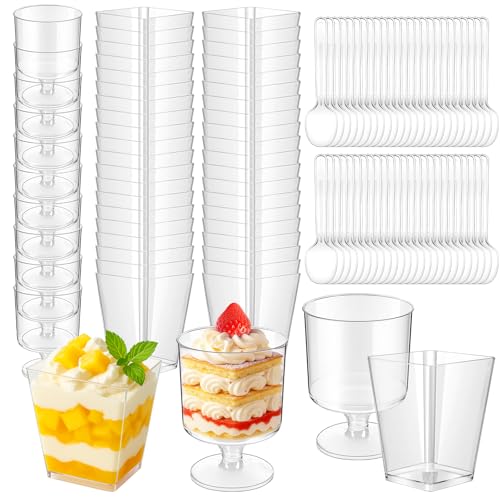 Spoyletto 50 vasos de postre de plástico, copas de postre 150ml con cucharas - 2 diseños diferentes, vasos de postre reutilizables para helados, mousse, pudding, fiestas, cumpleaños, bodas