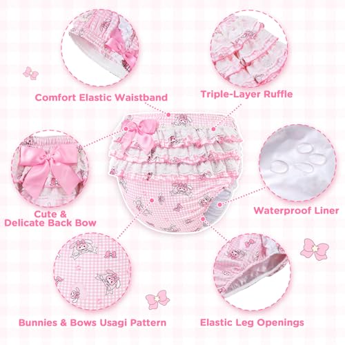 Image of Littleforbig Silky Washable Reusable Waterproof Ruffled Lace Bow Bunnies & Bows Usagi Pattern Ruffle Adult Diaper Cover XL