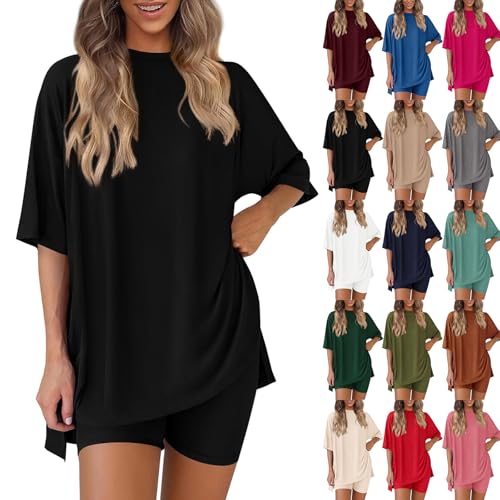 Two Piece Sets for Women Workout Set Casual Short Sleeve Oversized T Shirt Stretchy High Waisted Biker Yoga Shorts Lightweight Tummy Control Short Leggings Beach Travel Summer Set Loungewear Black L