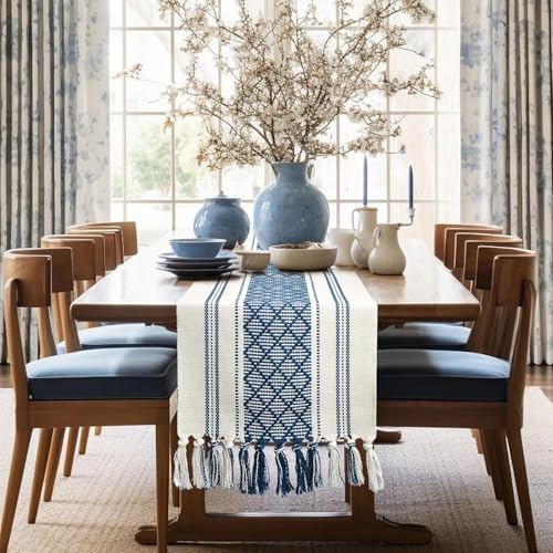 yuboo Blue and White Table Runner Farmhouse Style - Coastal Nautical Woven Table Runner 72 inches Long with Tassels, Dresser Runners for Bedroom, Dining Room, Summer Table Decor