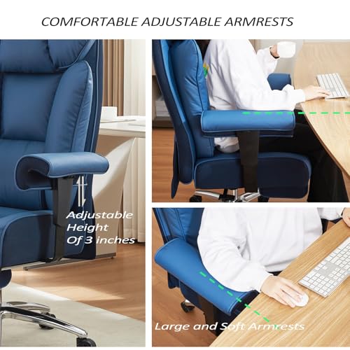 Efomao Ergonomic Office Chair 450LBS with Foot Rest, High Back PU Leather Big and Tall Executive Chair with Adjustable Padded Armrests, Lumbar Support for Home or Work, Heavy Duty Computer Chair, Blue