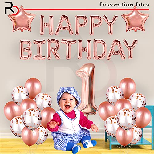 Image of Rozi Decoration Rose Gold Theme 1st Year Birthday Party Decor, First Decoration Items for Girl, Happy 1 Year Baby Girl Decoration Pack of 36 Pcs