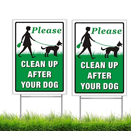 BOSICAN Please Clean Up After Your Dog Sign 2 Pack, 12"X9" Corrugated Plastic Yard Sign with Metal Wire H-Stakes Included, Easy to Mount, Double Side Available,No Pooping Dog Lawn Signs(2Pack)