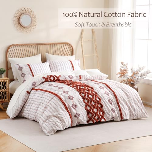 Image of MOVE OVER 100% Cotton Tufted Duvet Cover Set Queen 3 Pieces Burnt Orange Boho Chic Farmhouse Bedding Set with Zipper Closure and Ties Mid Century Modern Comforter Cover All Seasons