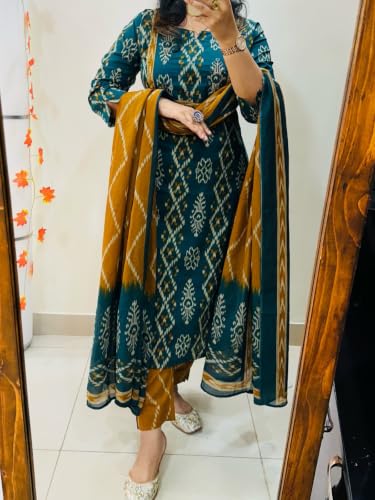 Image of ANNI Designer Women Kurta Set with Dupatta | Cotton Printed Straight Kurta Pant Dupatta Set | 3 Piece Kurti Set for Women | 3 /4 Sleeve Round Neck Cotton Suit for Daily Office Party Wedding