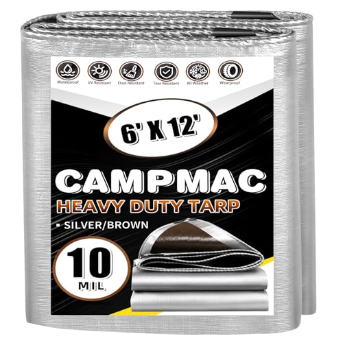 CAMPMAC Tarps Heavy Duty Waterproof 6x12 Ft 10 Mil Thick High Durability Rip UV Resistant and Tear Resistant with Metal Gromets Every 20 Inches (Silver/Brown - Reversible)